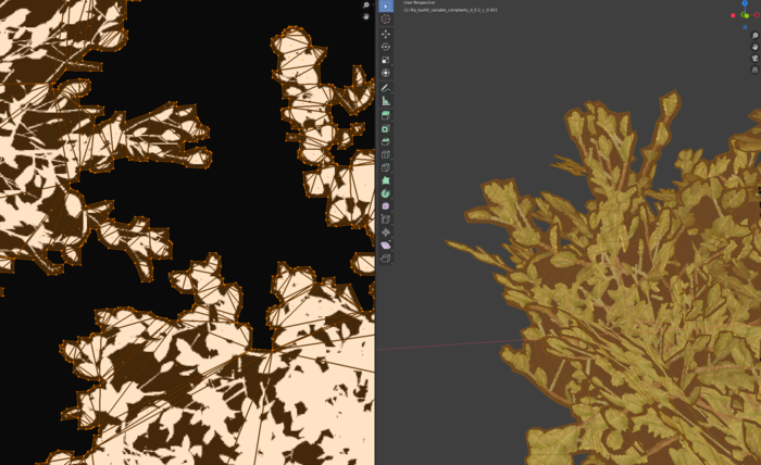 The silhouette of the billboard closely follows the projection of leaves when the geometric complexity is set to high
